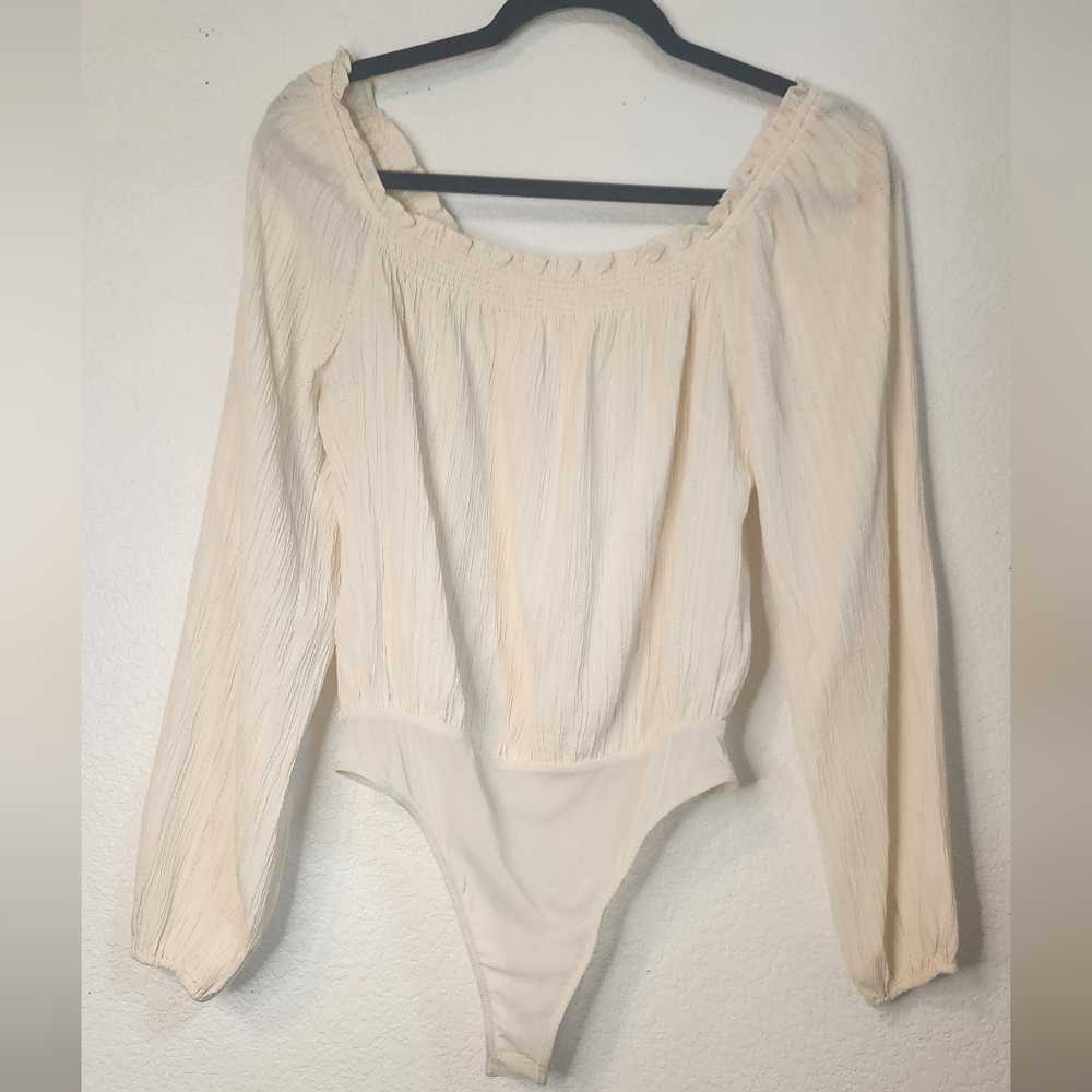Lush Women's Cream Ruched Rayon Off-the-Shoulder Long-Sleeve Bodysuit, Size S